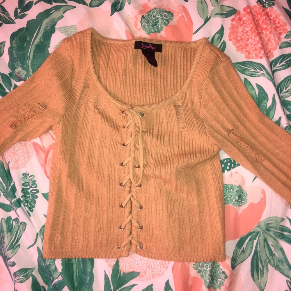 Distressed Lace-Up Sweater